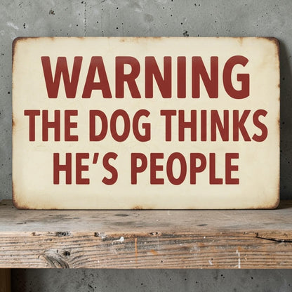 Warning The Dog Thinks He's People Funny Dog Lover Sign