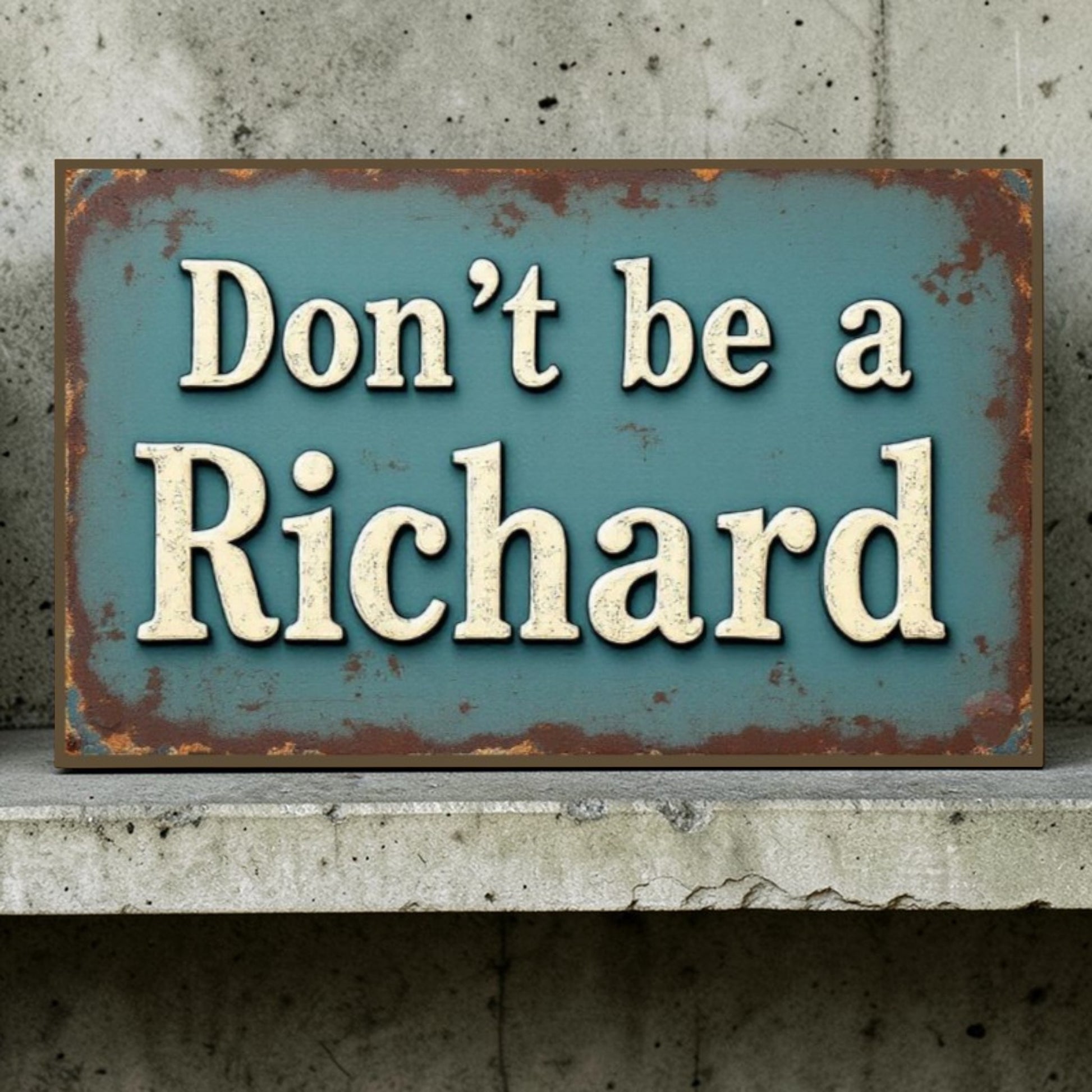 Rustic metal sign with text 'Don't be a Richard' against a concrete wall.