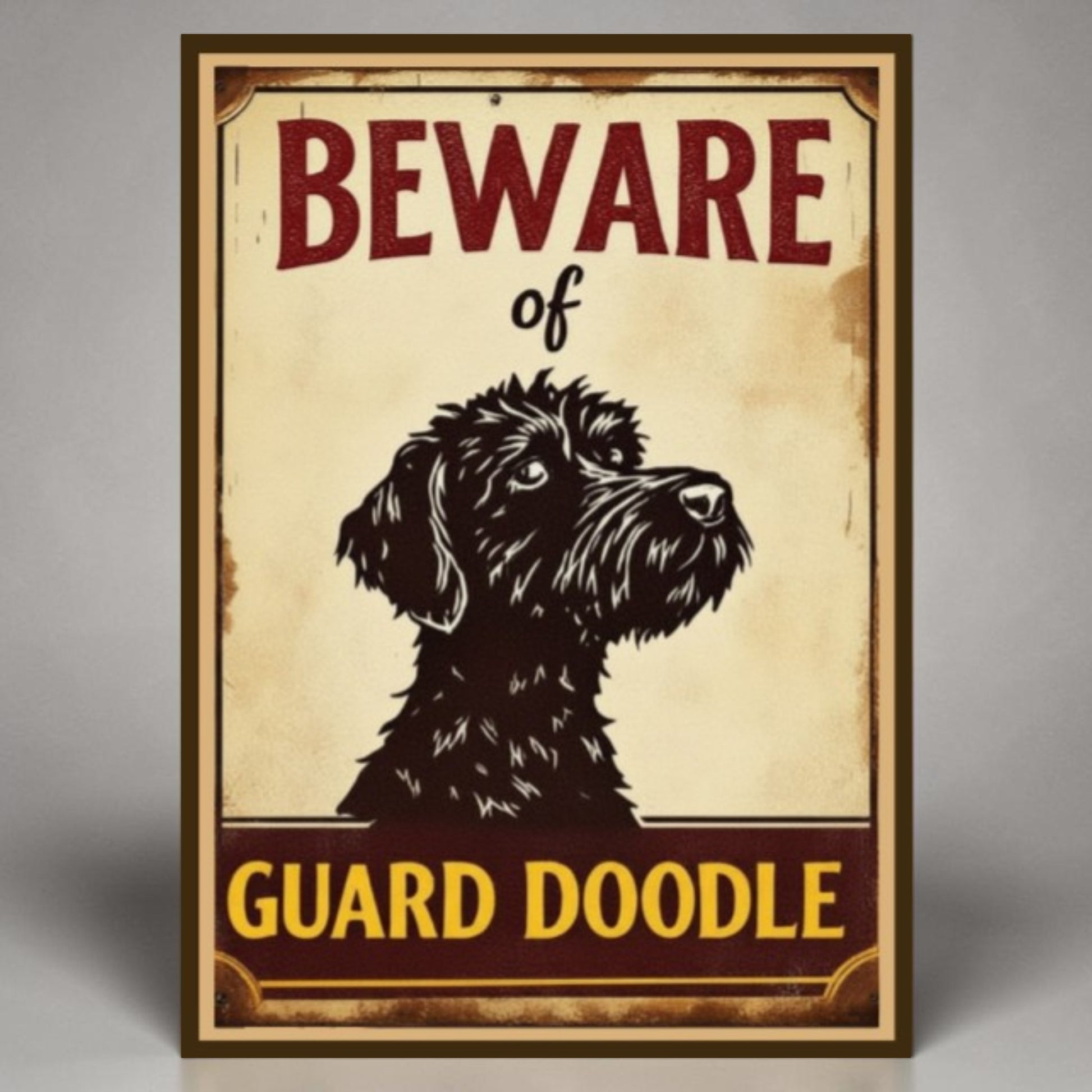 Vintage-style sign with a dog illustration and text 'Beware of Guard Doodle' on a beige background.