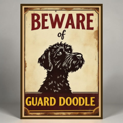 Vintage-style sign with a dog illustration and text 'Beware of Guard Doodle' on a beige background.