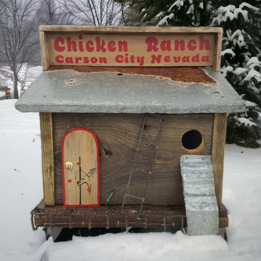 Handmade rustic Chicken Ranch folk art birdhouse made from reclaimed materials with chicken-themed artwork.
