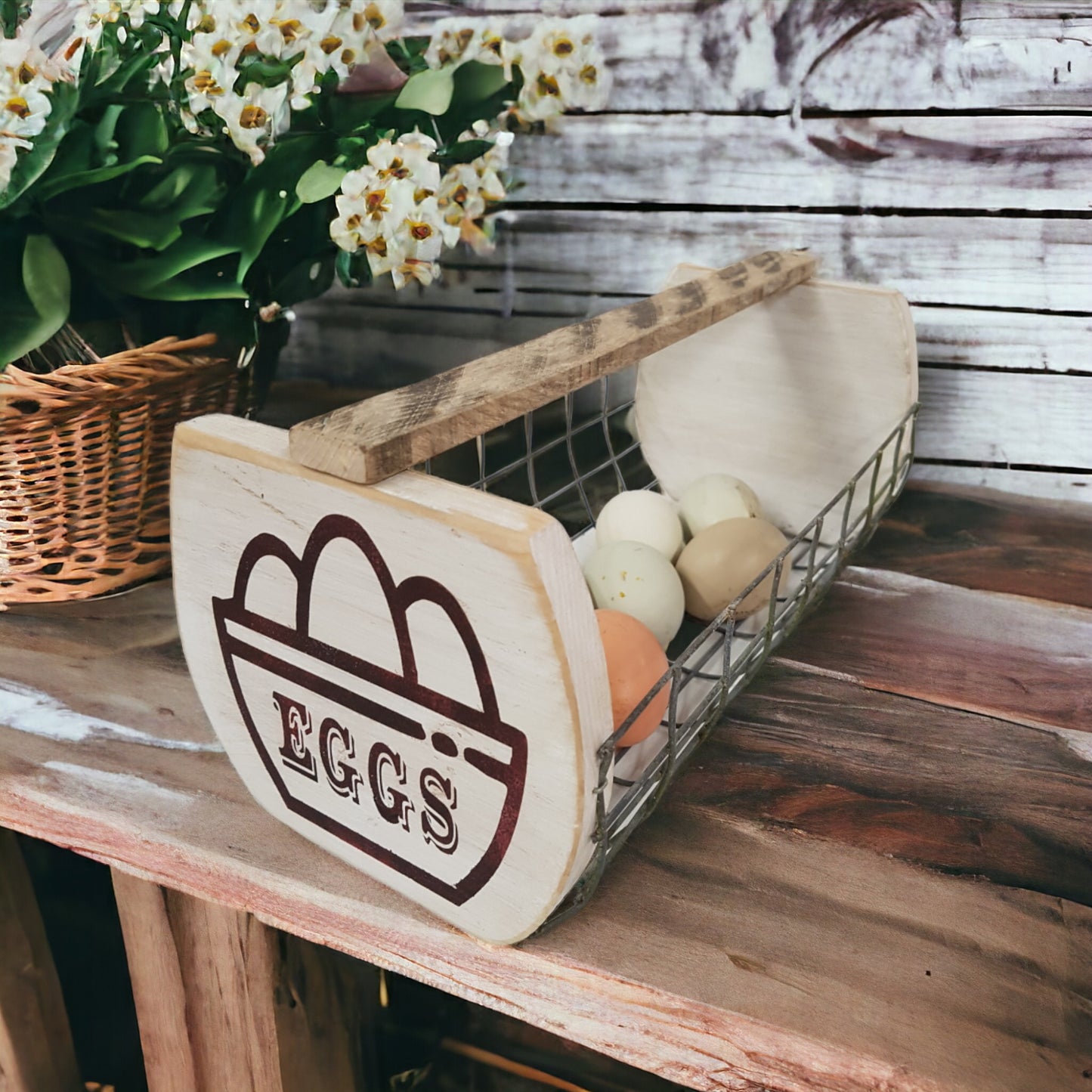 Rustic wooden wire egg basket with eggs on the end