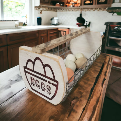 Rustic wooden wire egg basket with eggs on the end