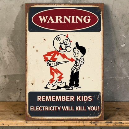 Rustic Reddy Kilowatt electricity warning sign featuring a lightning-bolt character and electrical safety message.
