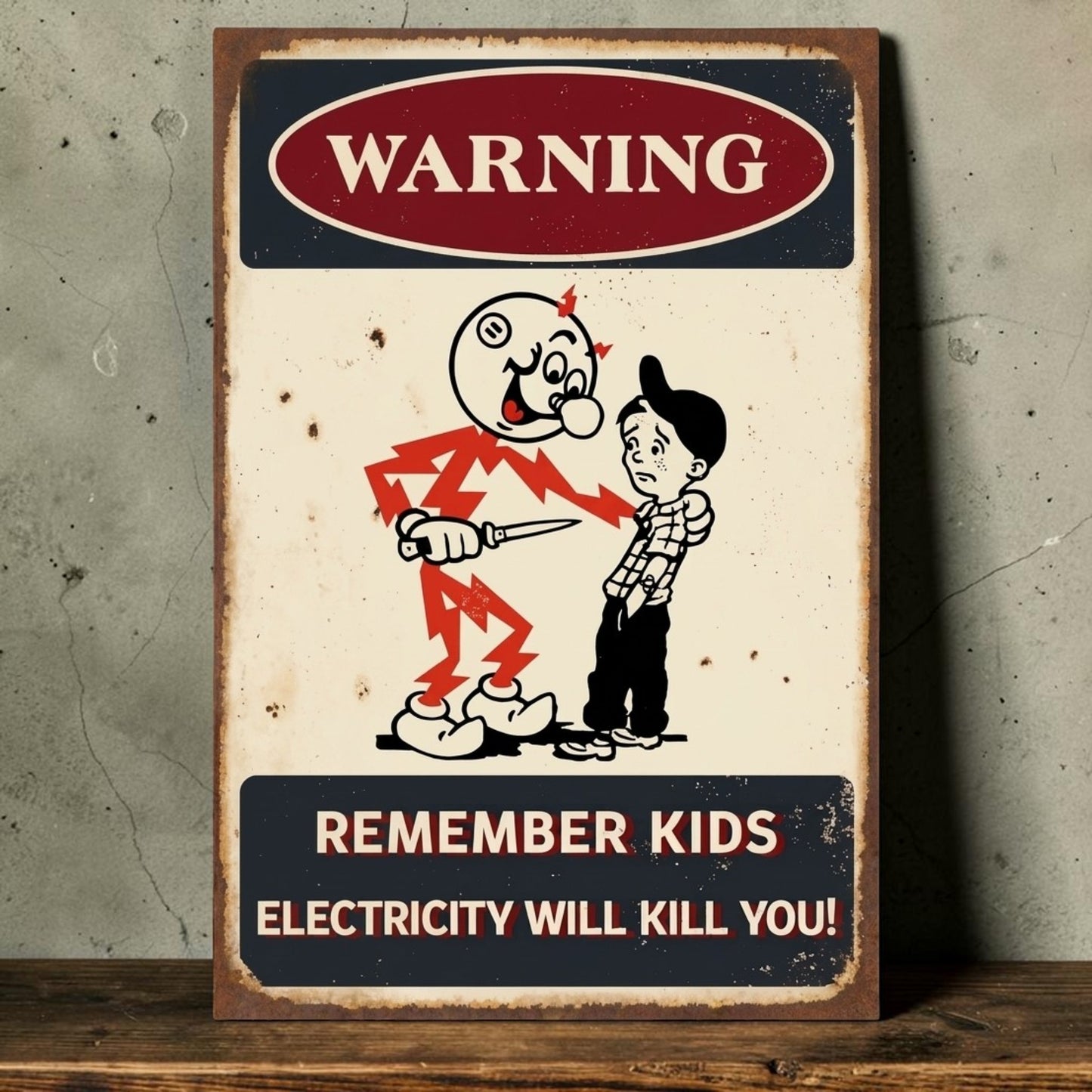 Rustic Reddy Kilowatt electricity warning sign featuring a lightning-bolt character and electrical safety message.
