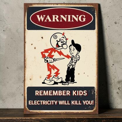 Rustic Reddy Kilowatt electricity warning sign featuring a lightning-bolt character and electrical safety message.
