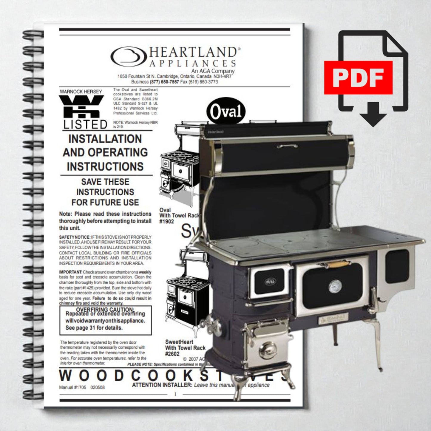 Heartland Appliances wood cookstove installation and operating manual with PDF icon.