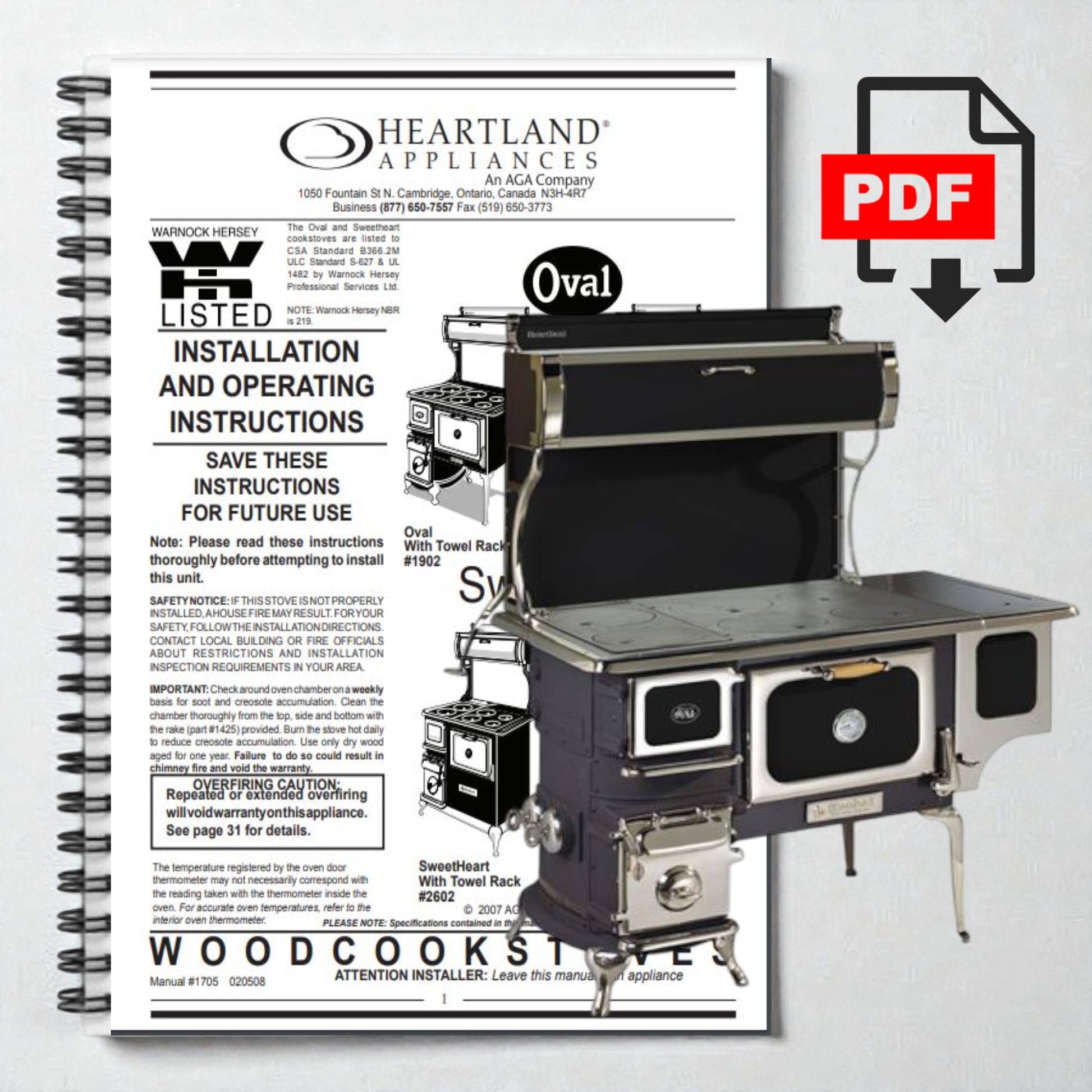 Heartland Appliances wood cookstove installation and operating manual with PDF icon.