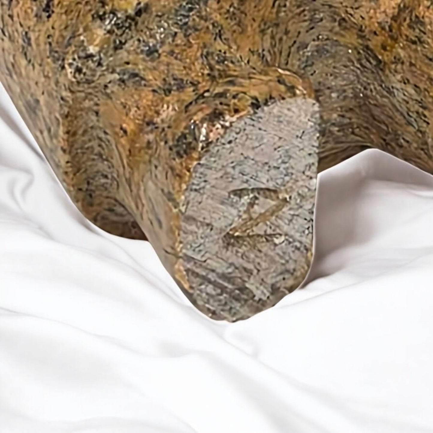 Close-up of a textured stone object on a white fabric background