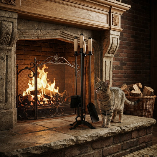 4 piece wrought iron fireplace tool set with hardwood handles
