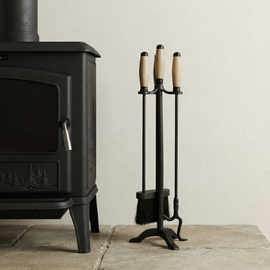 4 piece wrought iron fireplace tool set with hardwood handles
