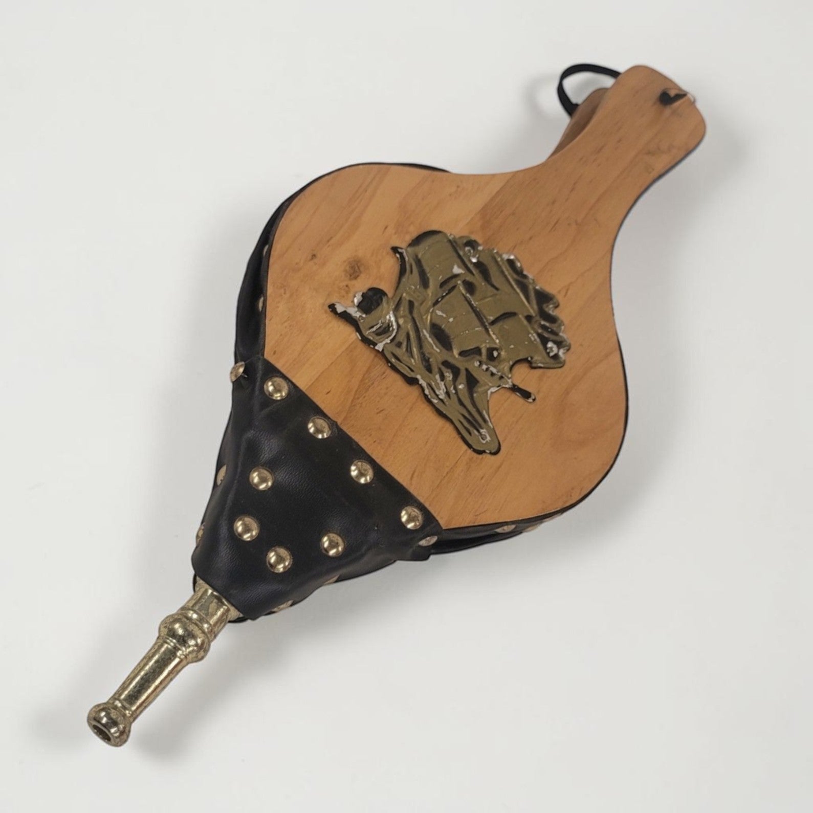 Vintage Fireplace Bellows with Brass Ship Motif