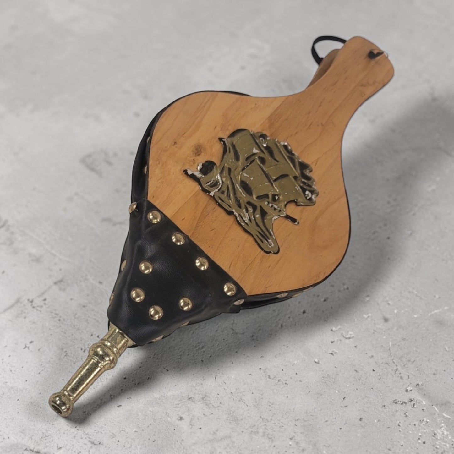 Vintage Fireplace Bellows with Brass Ship Motif