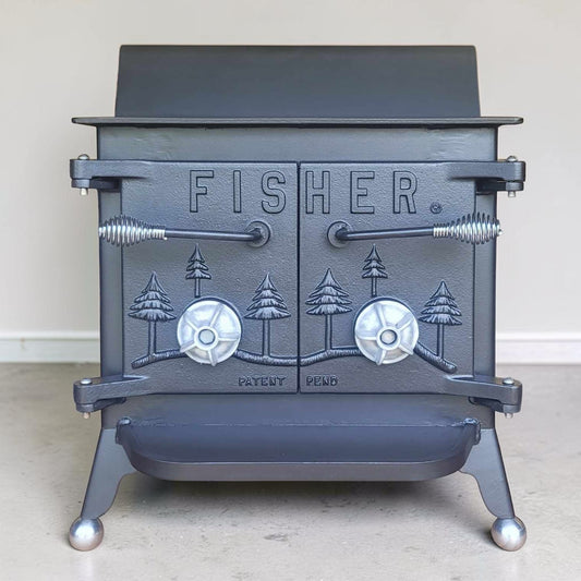 Fisher Grandma Bear wood stove with rear vent and classic ball feet
