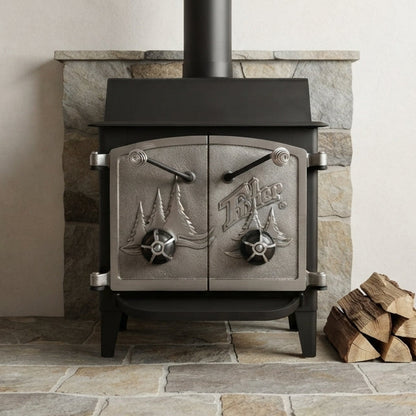 Fisher Grandma Bear wood stove full nickel cathedral doors

