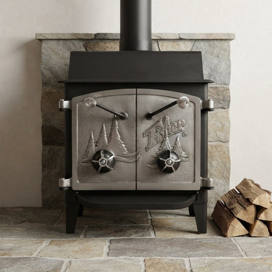 Fisher Grandma Bear wood stove full nickel cathedral doors
