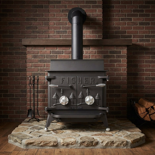 Fisher Grandma Bear wood stove with rear vent and classic ball feet
