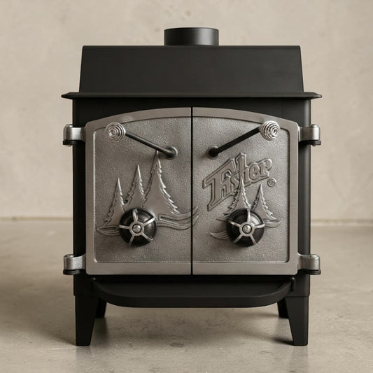 Fisher Grandma Bear wood stove full nickel cathedral doors

