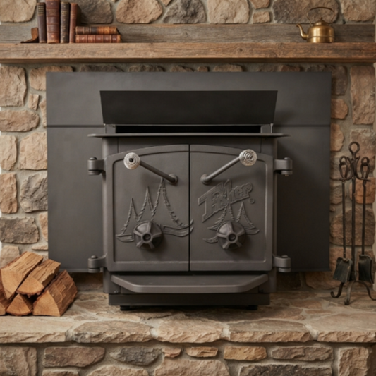Refurbished Grandma Bear Fisher fireplace insert — rugged, dependable wood heat for the homestead, cabin, rural home or off-grid lifestyle.
