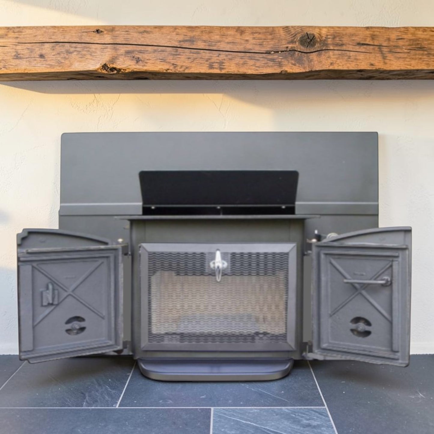 Refurbished Fisher Wood Stove Insert – Optional Fire Viewing Screen and Baffle Plate