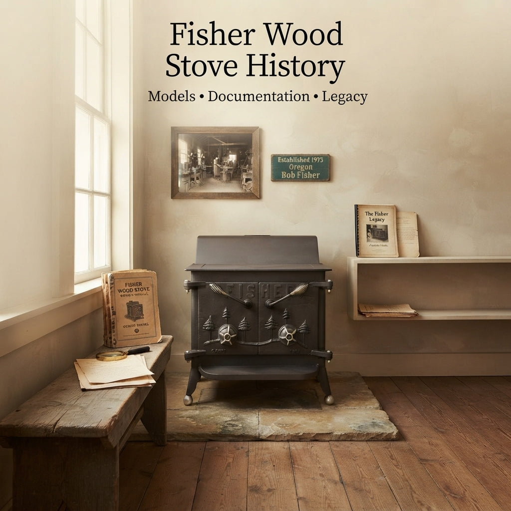 Historic Fisher wood stove photographed as part of the Fisher Wood Stove History collection, representing the early American-made Fisher wood stove designs and the legacy of Bob Fisher.
