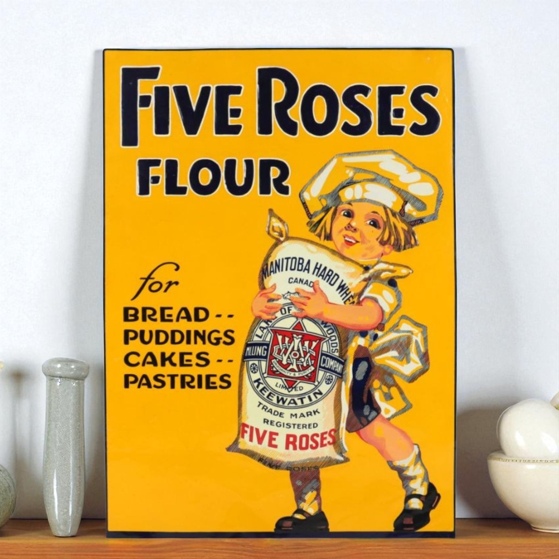 Vintage-style Five Roses Flour advertisement with a child holding a flour bag on a yellow background.