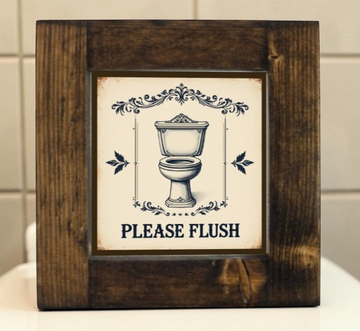 Handmade framed aluminum Please Flush bathroom reminder sign.
