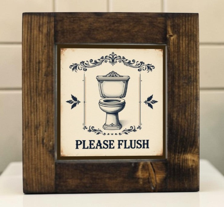 Handmade framed aluminum Please Flush bathroom reminder sign.
