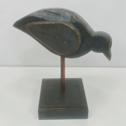 Large folk art bird sculpture with oak base and copper leg for primitive country farmhouse décor.