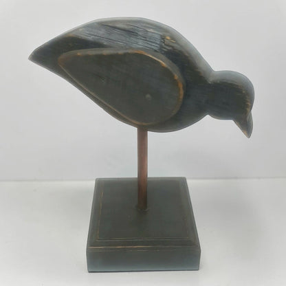 Large folk art bird sculpture with oak base and copper leg for primitive country farmhouse décor.