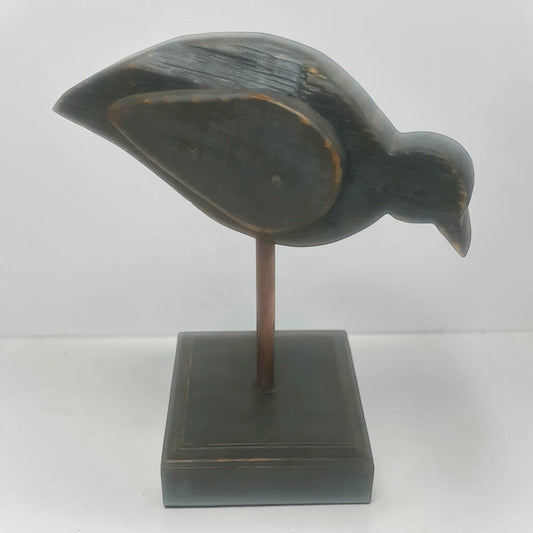 Large folk art bird sculpture with oak base and copper leg for primitive country farmhouse décor.