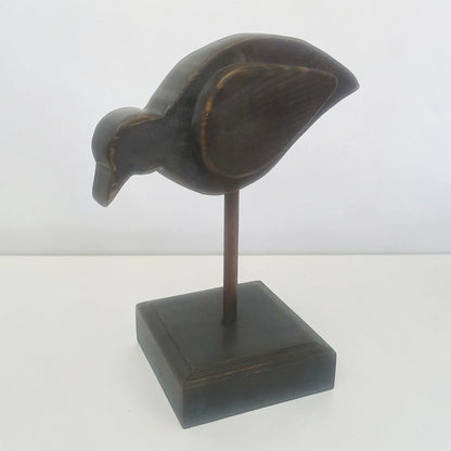 Large folk art bird sculpture with oak base and copper leg for primitive country farmhouse décor.