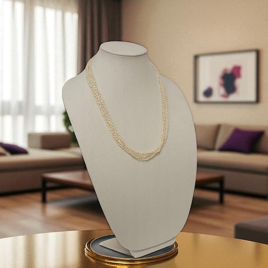 Pearl necklace on a mannequin bust in a living room setting