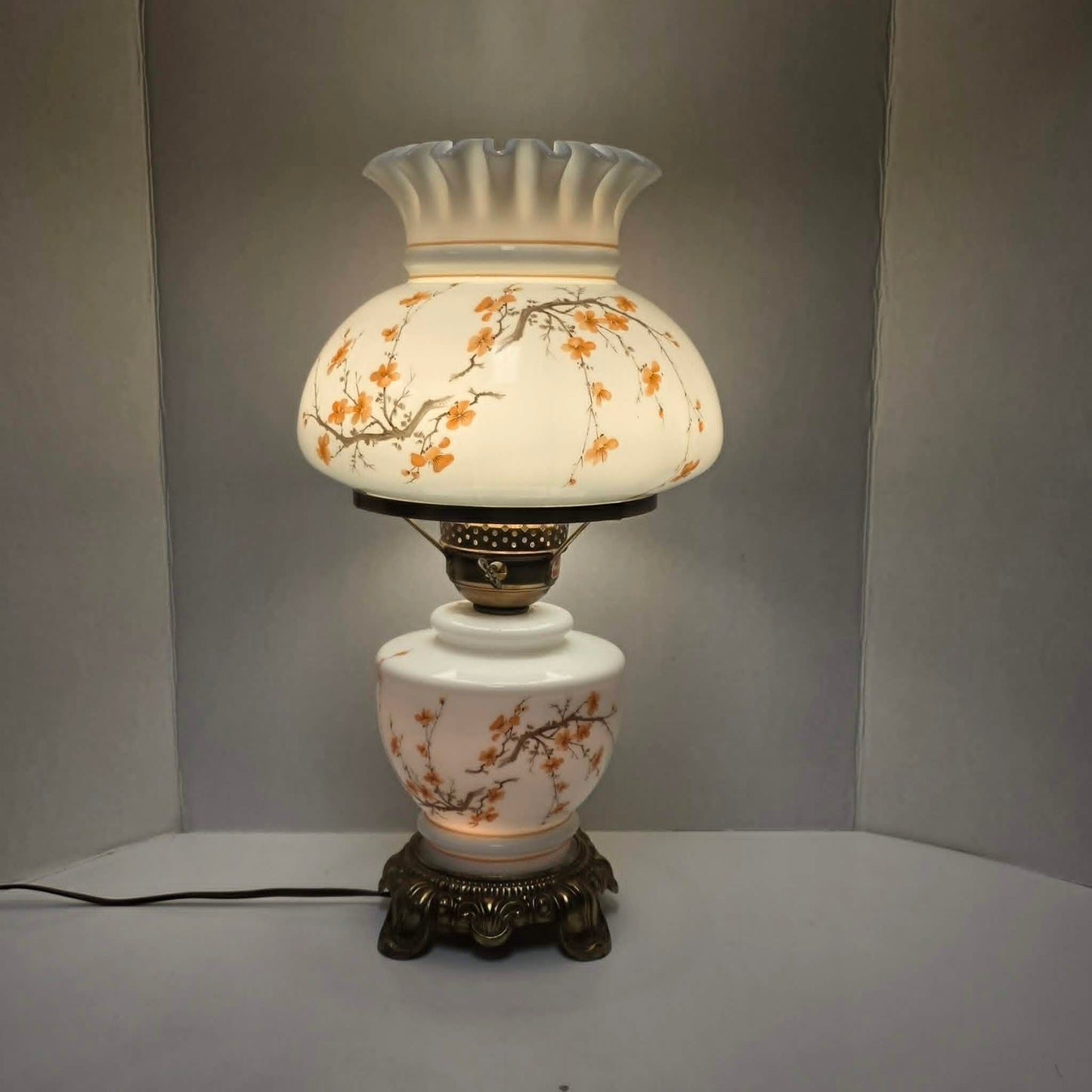 Vintage Gone with the Wind hurricane lamp with cherry blossom sakura floral design and three-way lighting.