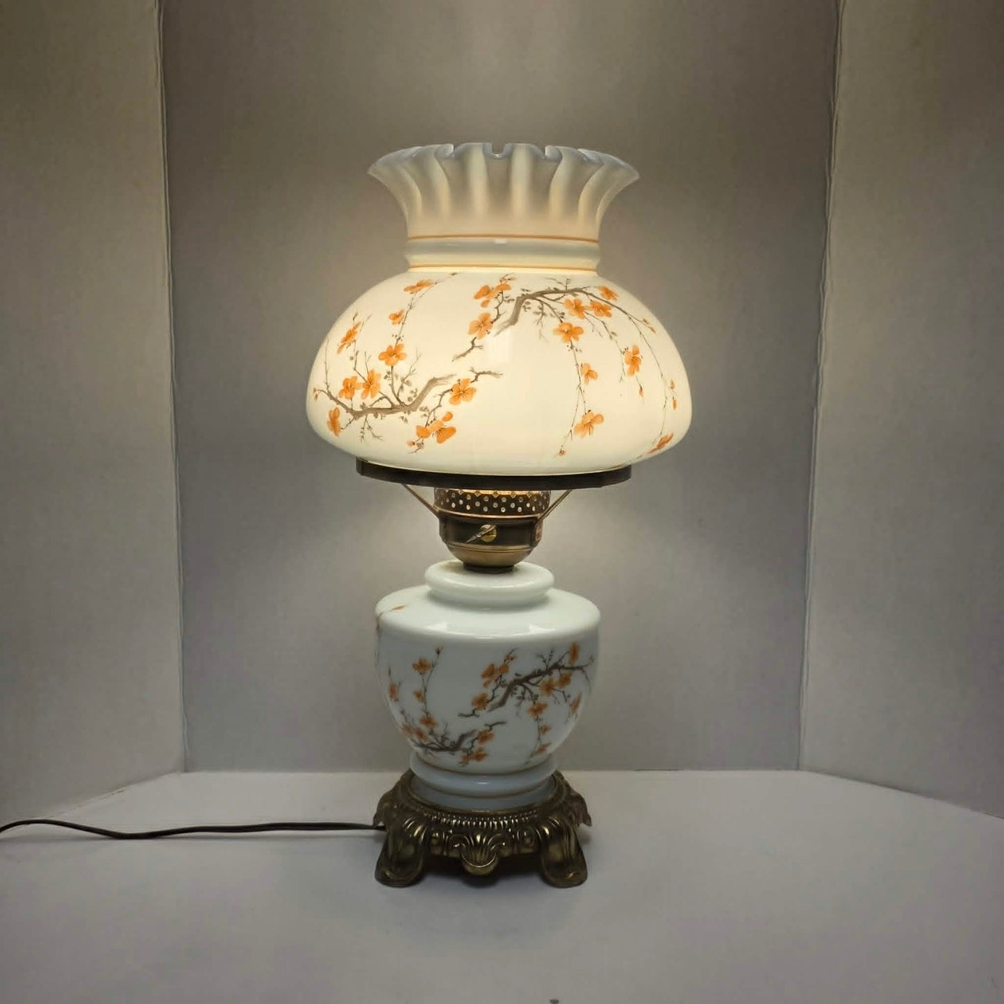 Vintage Gone with the Wind hurricane lamp with cherry blossom sakura floral design and three-way lighting.