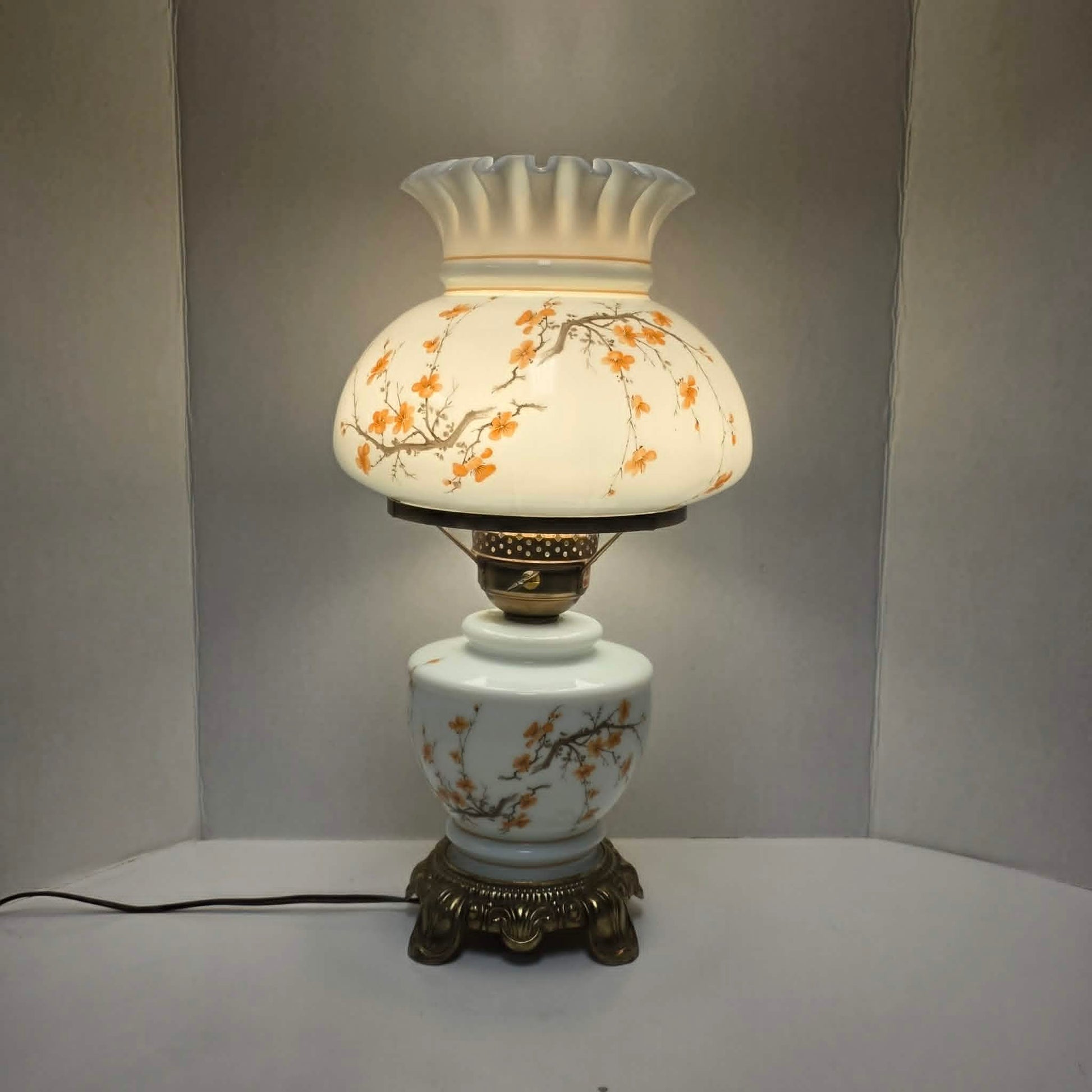 Vintage Gone with the Wind hurricane lamp with cherry blossom sakura floral design and three-way lighting.
