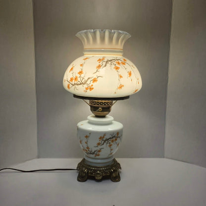 Vintage Gone with the Wind hurricane lamp with cherry blossom sakura floral design and three-way lighting.