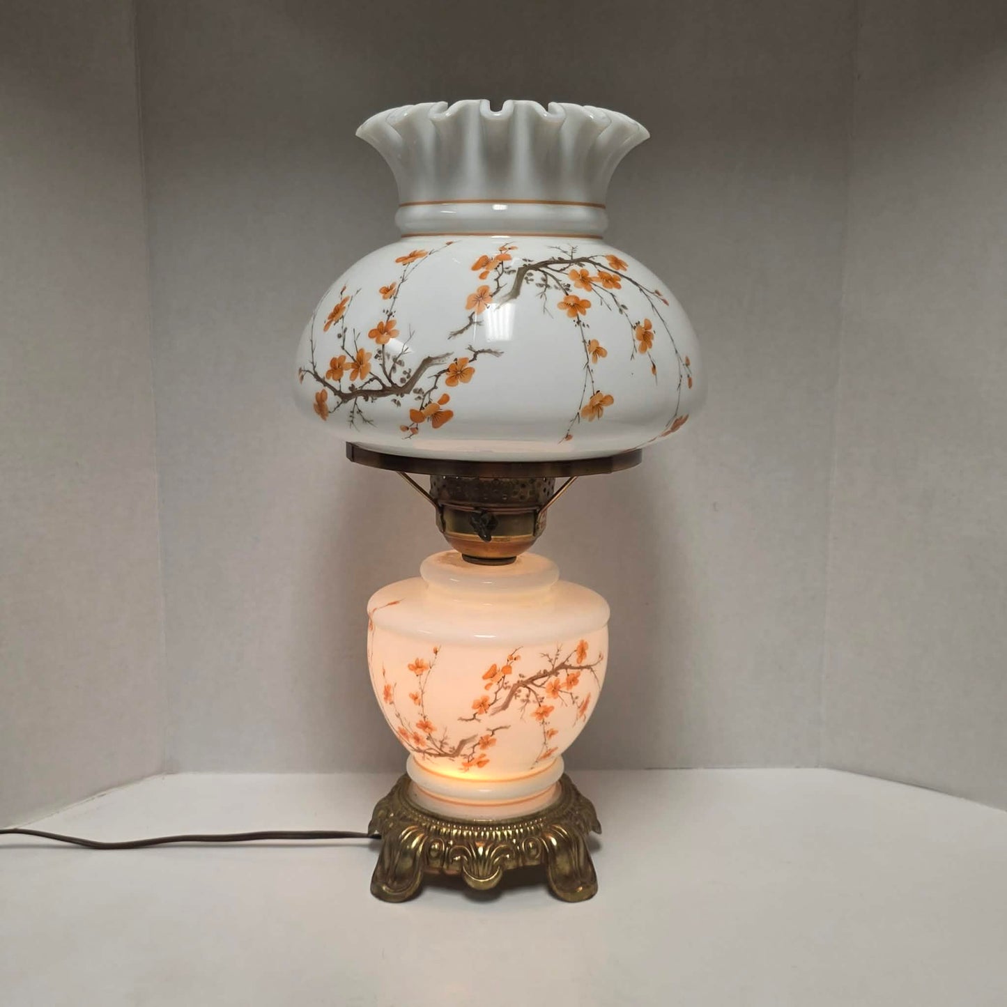 Vintage Gone with the Wind hurricane lamp with cherry blossom sakura floral design and three-way lighting.