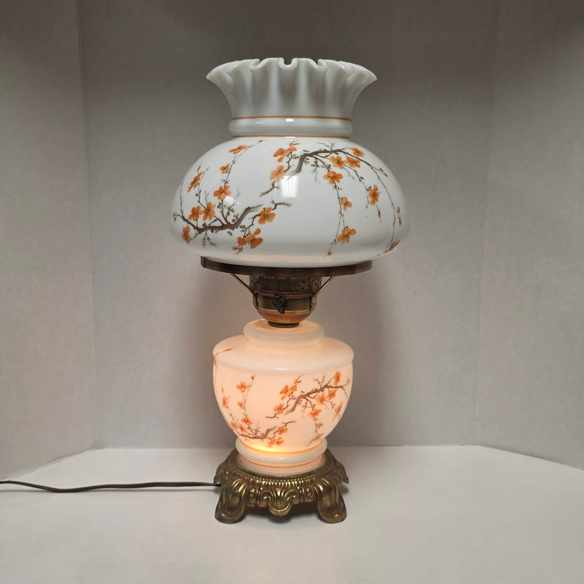 Vintage Gone with the Wind hurricane lamp with cherry blossom sakura floral design and three-way lighting.