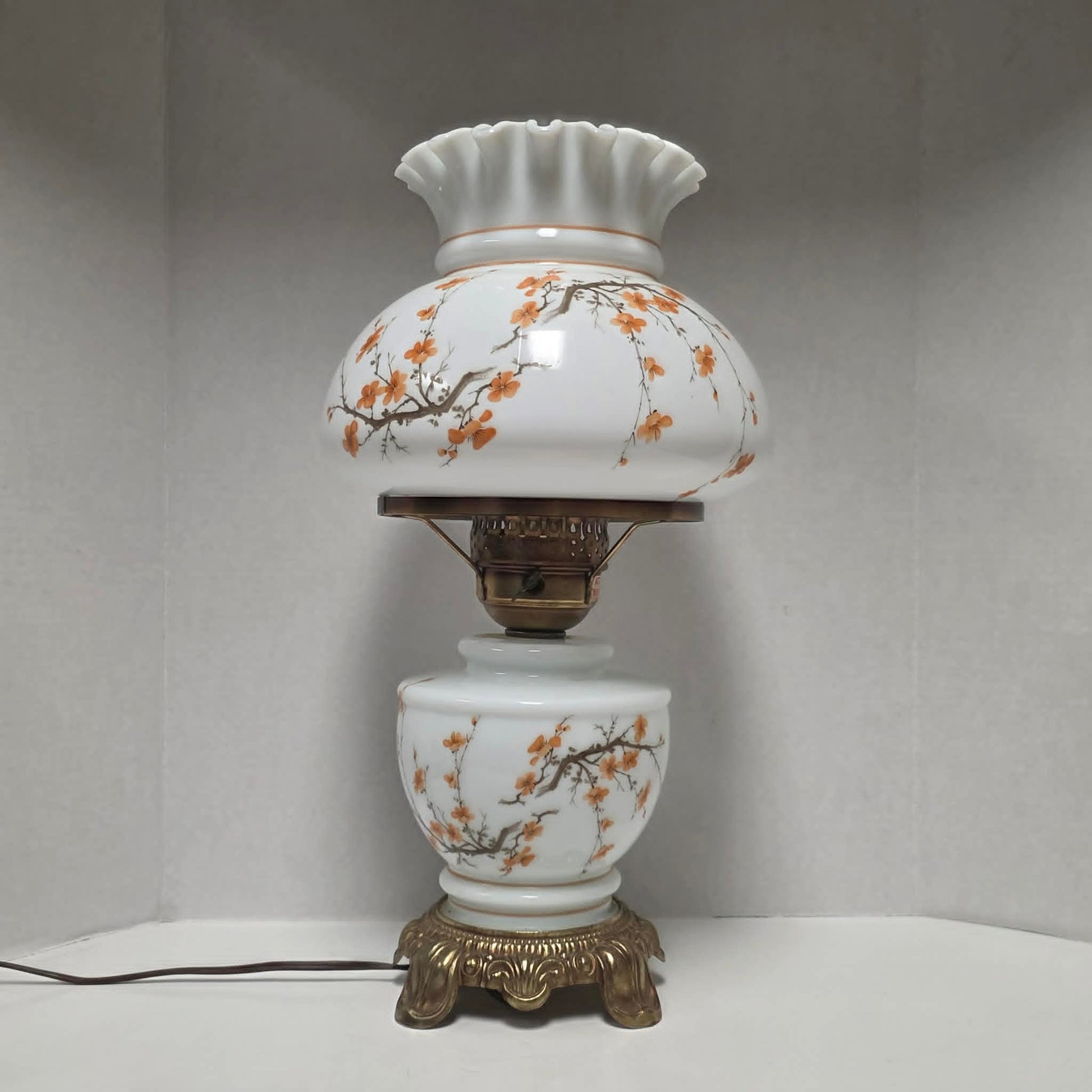 Vintage Gone with the Wind hurricane lamp with cherry blossom sakura floral design and three-way lighting.