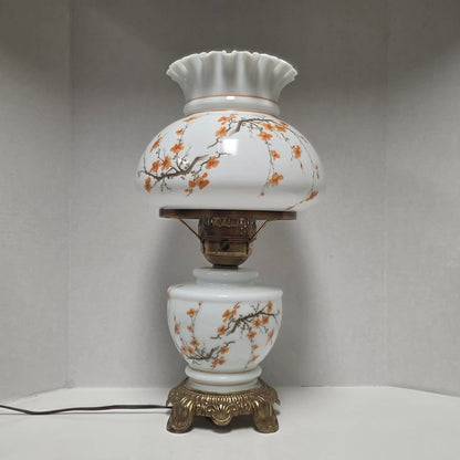 Vintage Gone with the Wind hurricane lamp with cherry blossom sakura floral design and three-way lighting.