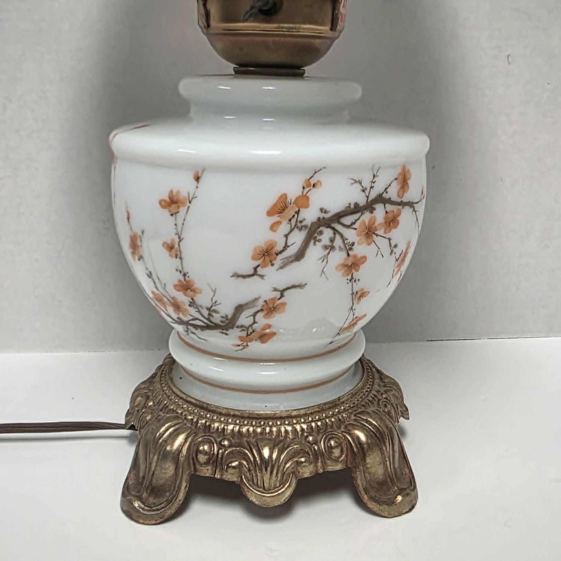 Vintage Gone with the Wind hurricane lamp with cherry blossom sakura floral design and three-way lighting.