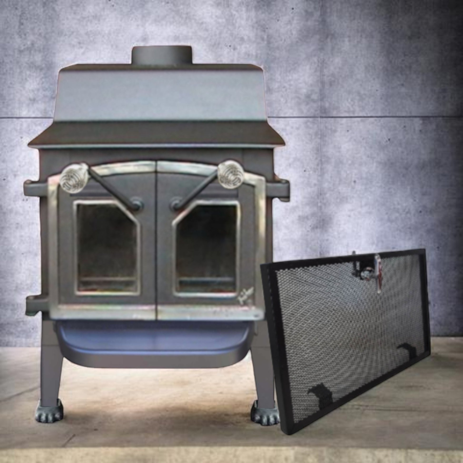 Wood stove with a screen on a gray background