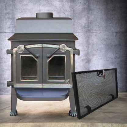 Wood stove with a screen on a gray background