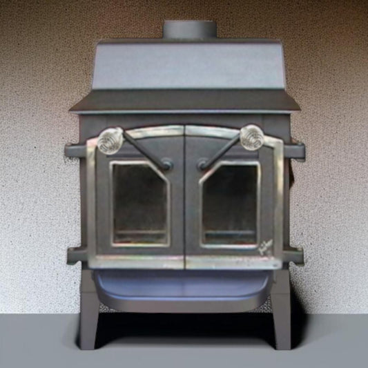 Wood stove with glass doors on a textured gray background