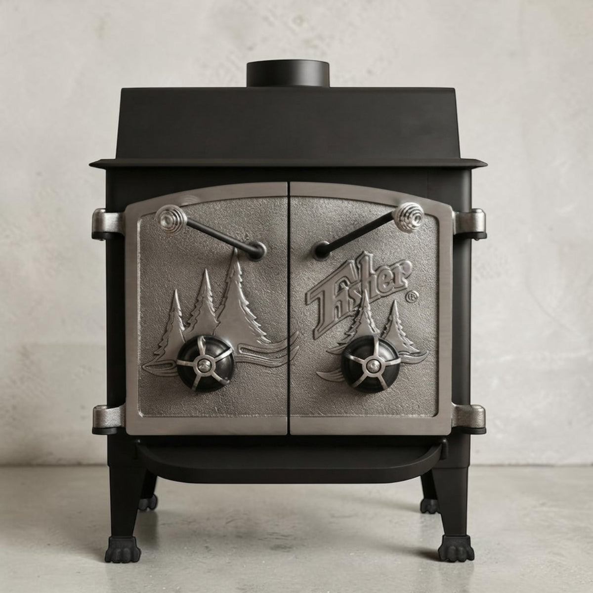 Fisher Grandma Bear wood stove full nickel cathedral doors
