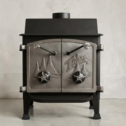 Fisher Grandma Bear wood stove full nickel cathedral doors
