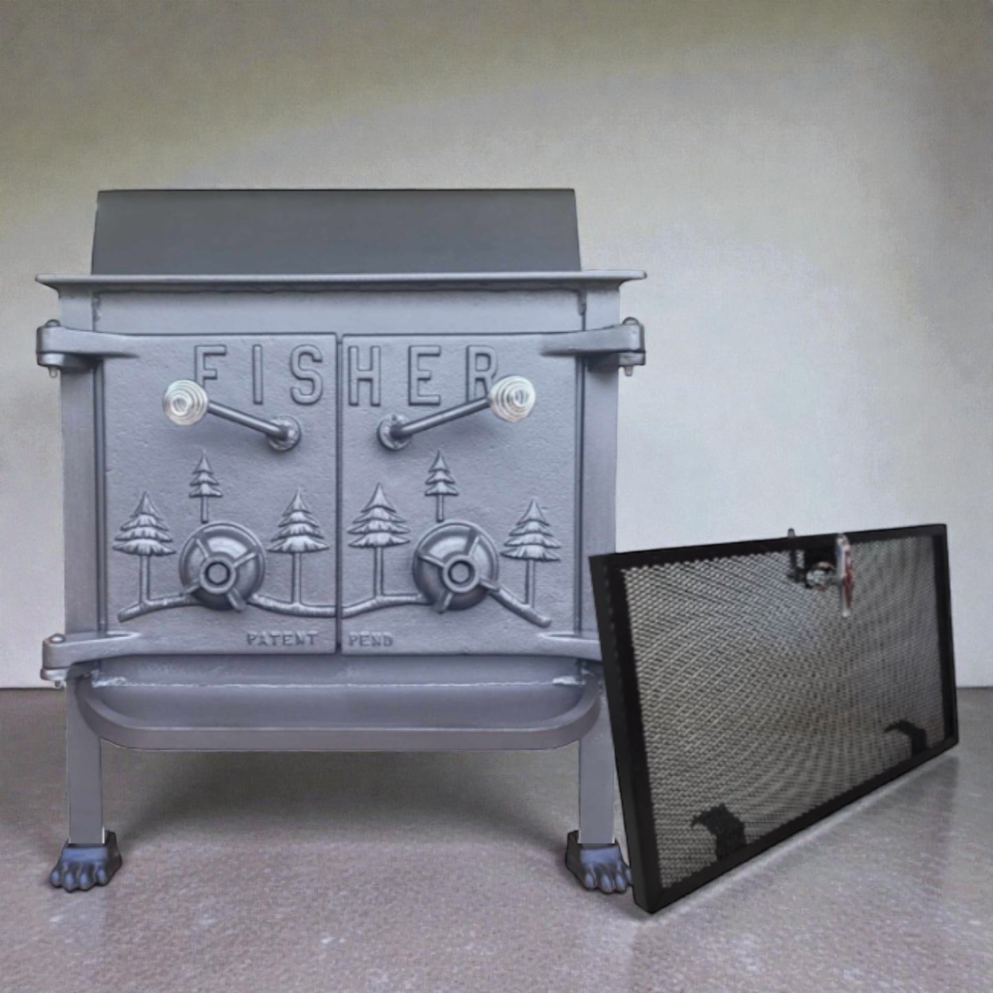 Gray metal fireplace with 'Fisher' branding on a plain background