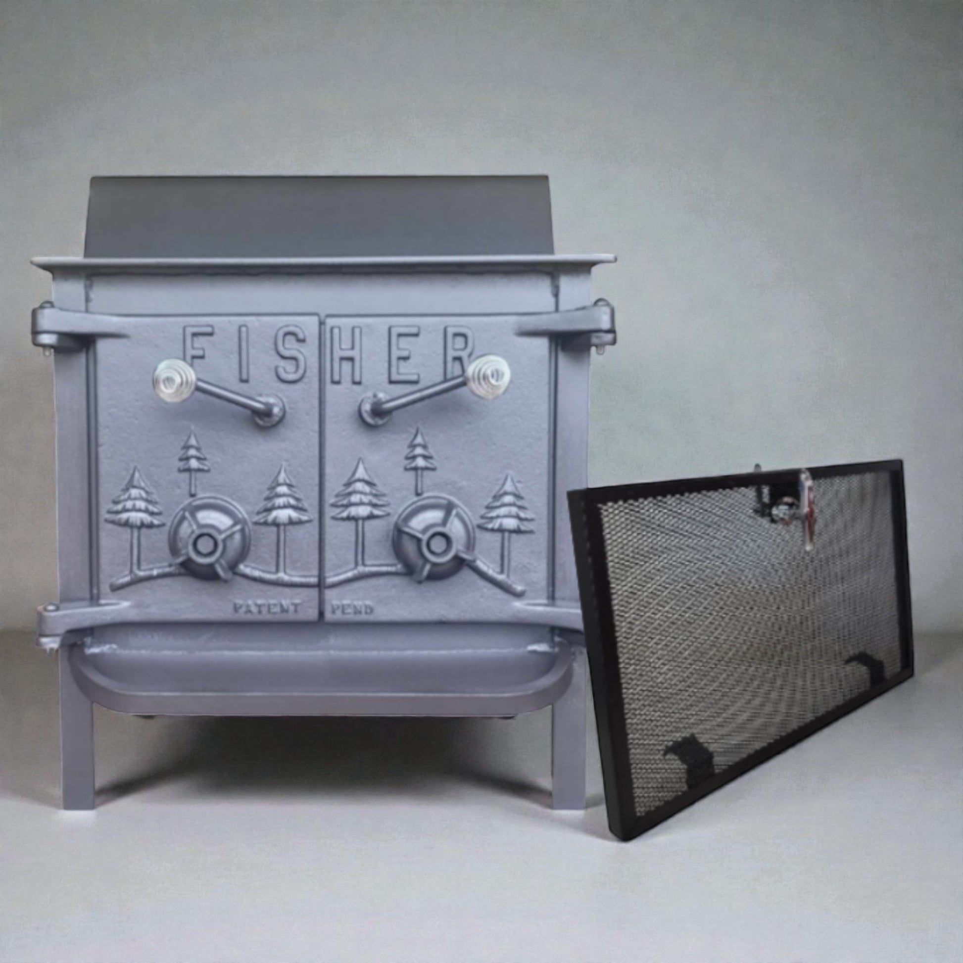 Fisher Grandma Bear wood stove with rear vent chimney and optional cooking surface.
