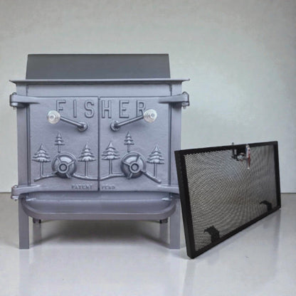 Gray metal stove with 'Fisher' branding on a white background